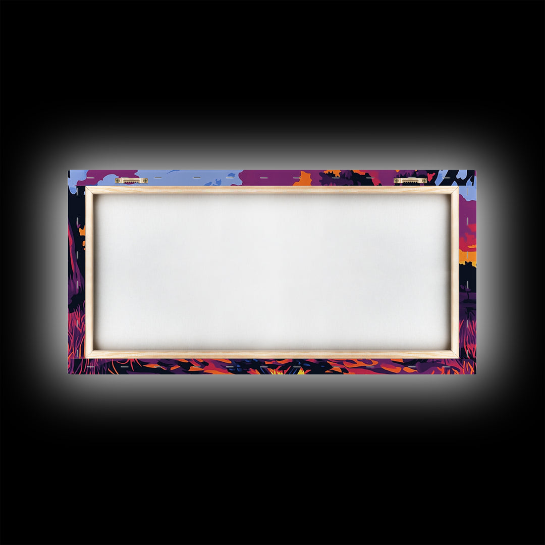 Bonfire, lakeside evening, autumn wall art, warm sunset painting, outdoor adventure art, extra wide art, framed canvas print