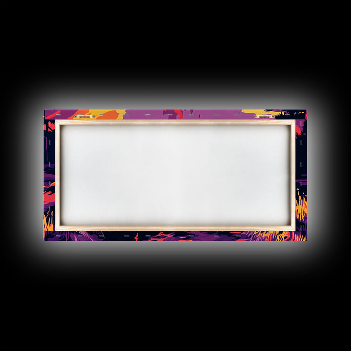 Campfire, lake sunset, rustic art, outdoor decor, cozy cabin wall art, smoky mountain art, framed canvas print, horizontal wall art