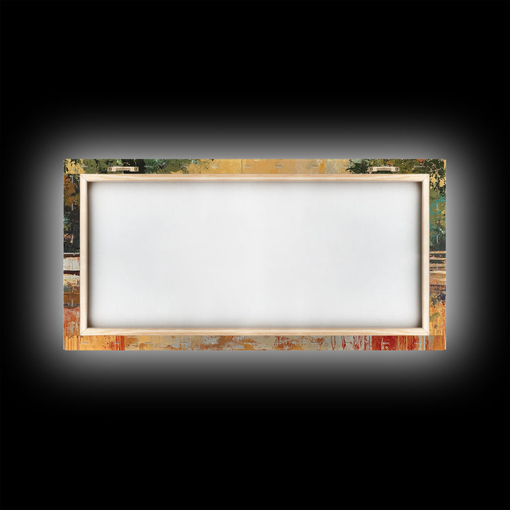 Rustic Barn Scene, barn landscape oil painting, western wall art, farmhouse decor, rural life painting, extra wide art, framed canvas print, wabi sabi art