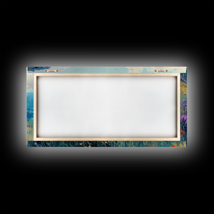 Coastal Wildflower Art, Framed Canvas Print, Poppy Wall Art, Coastal Landscape Art, Seascape Painting, Extra Wide Art, Above Couch Art