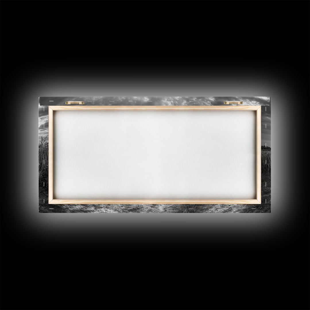 Canoe, lake, coastal cowgirl wall art, rustic decor, farmhouse art, panoramic art, horizontal wall art, extra wide art, framed canvas print