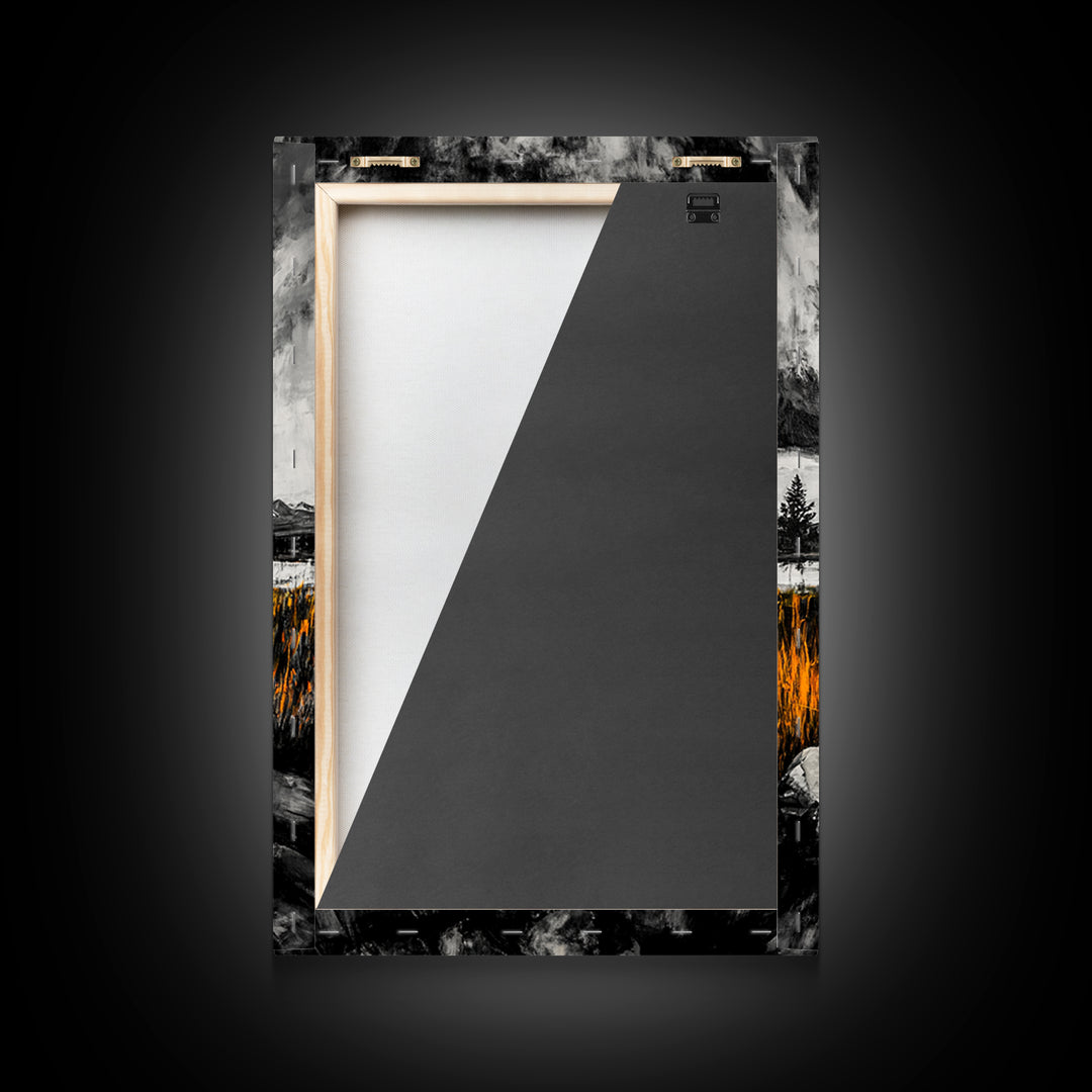 Campfire Painting, Moody Art, Rustic Wall Decor, Fire Pit Artwork, Black White Orange Art, Framed Canvas Print, Cabin Wall Art