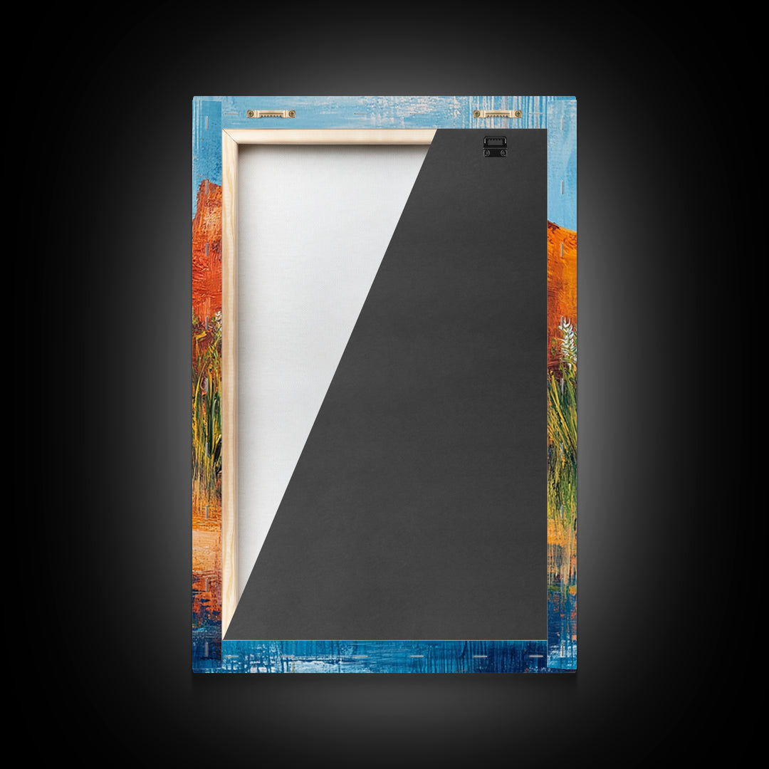 Desert Oasis, vivid landscape, blue water, rustic nature art, warm tones, panoramic painting, framed canvas print, southwest wall art