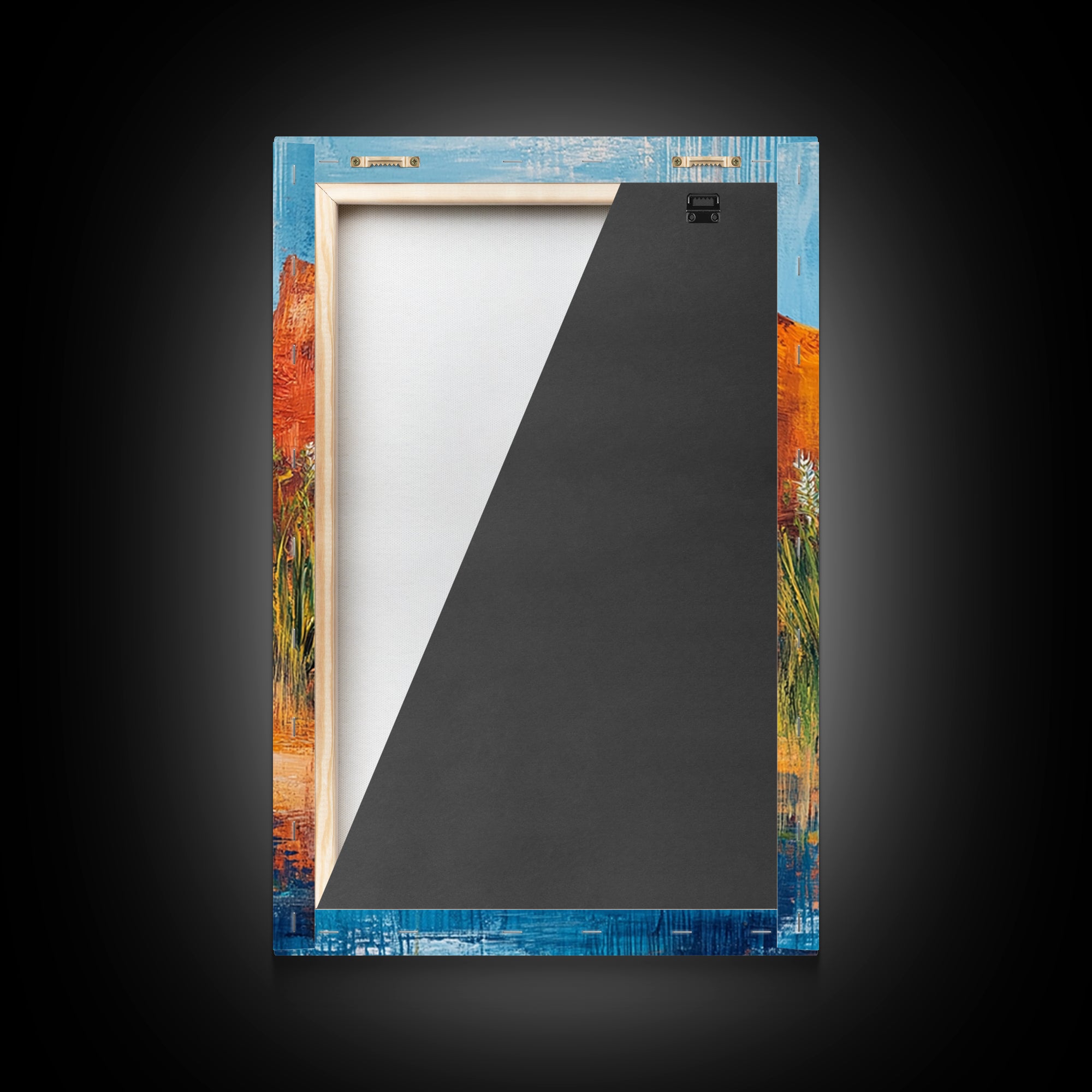 Desert Oasis, vivid landscape, blue water, rustic nature art, warm tones, panoramic painting, framed canvas print, southwest wall art