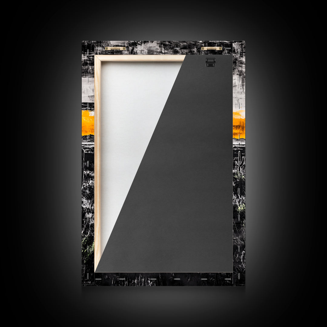 Cactus Sunset, black and white, moody desert art, yellow skyline, Joshua tree art, framed canvas print, extra wide art, rustic decor