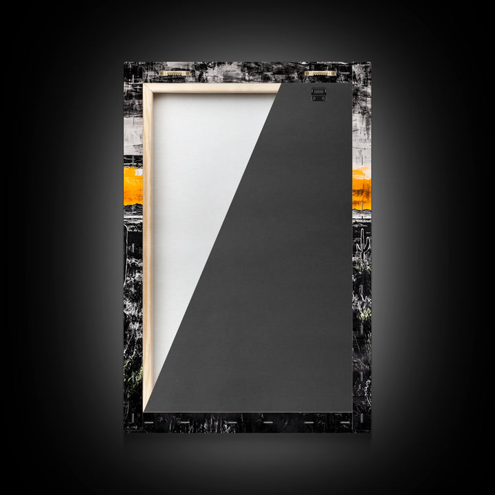 Cactus Sunset, black and white, moody desert art, yellow skyline, Joshua tree art, framed canvas print, extra wide art, rustic decor