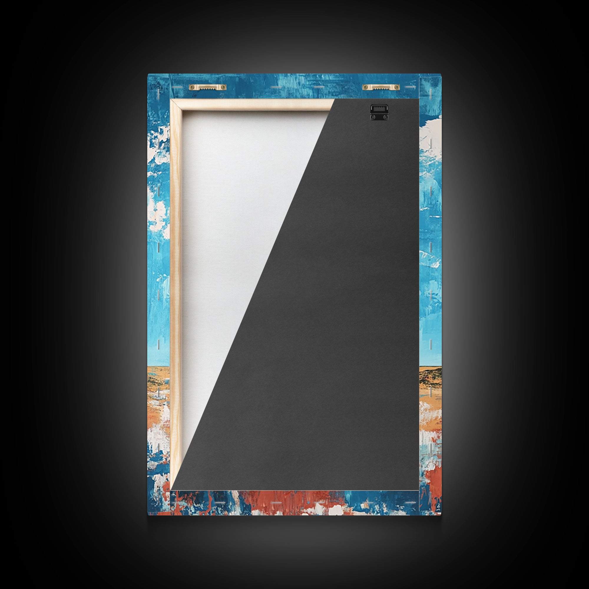 Rustic Barn, farmhouse art, landscape painting, blue and green wall art, extra wide art, panoramic art, Framed Canvas Print