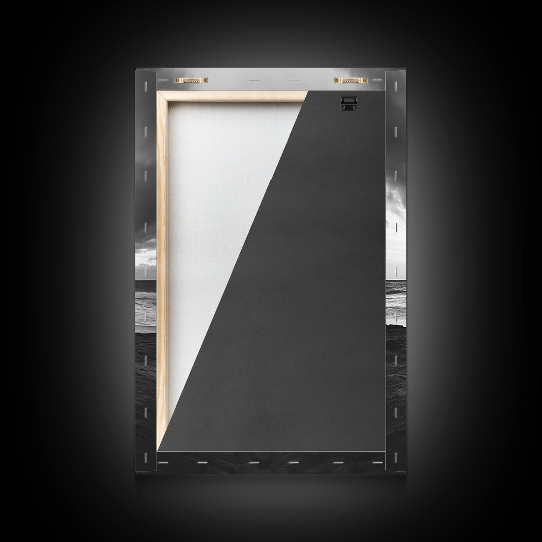 Beach Bonfire, coastal landscape art, rustic decor, moody art, dramatic seascape, black and white, framed canvas print, nautical wall art