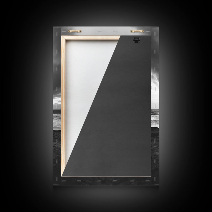 Beach Bonfire, coastal landscape art, rustic decor, moody art, dramatic seascape, black and white, framed canvas print, nautical wall art