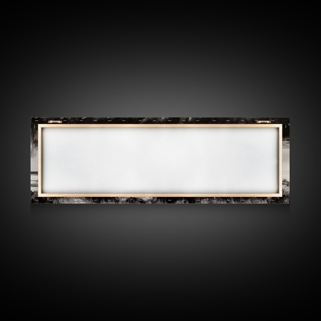 Stormy Wagon, black and white art, moody western painting, rustic decor, farmhouse wall art, extra wide panoramic art, framed canvas print.