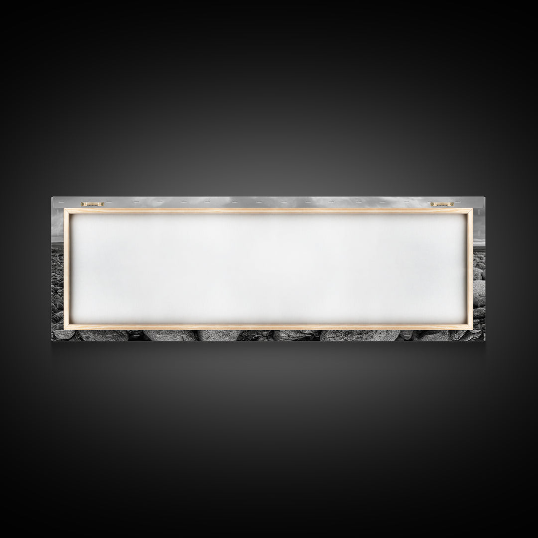 Rocky terrain, minimalist art, wabi sabi art, panoramic art, extra wide art, landscape painting, framed canvas print, moody art, rustic decor