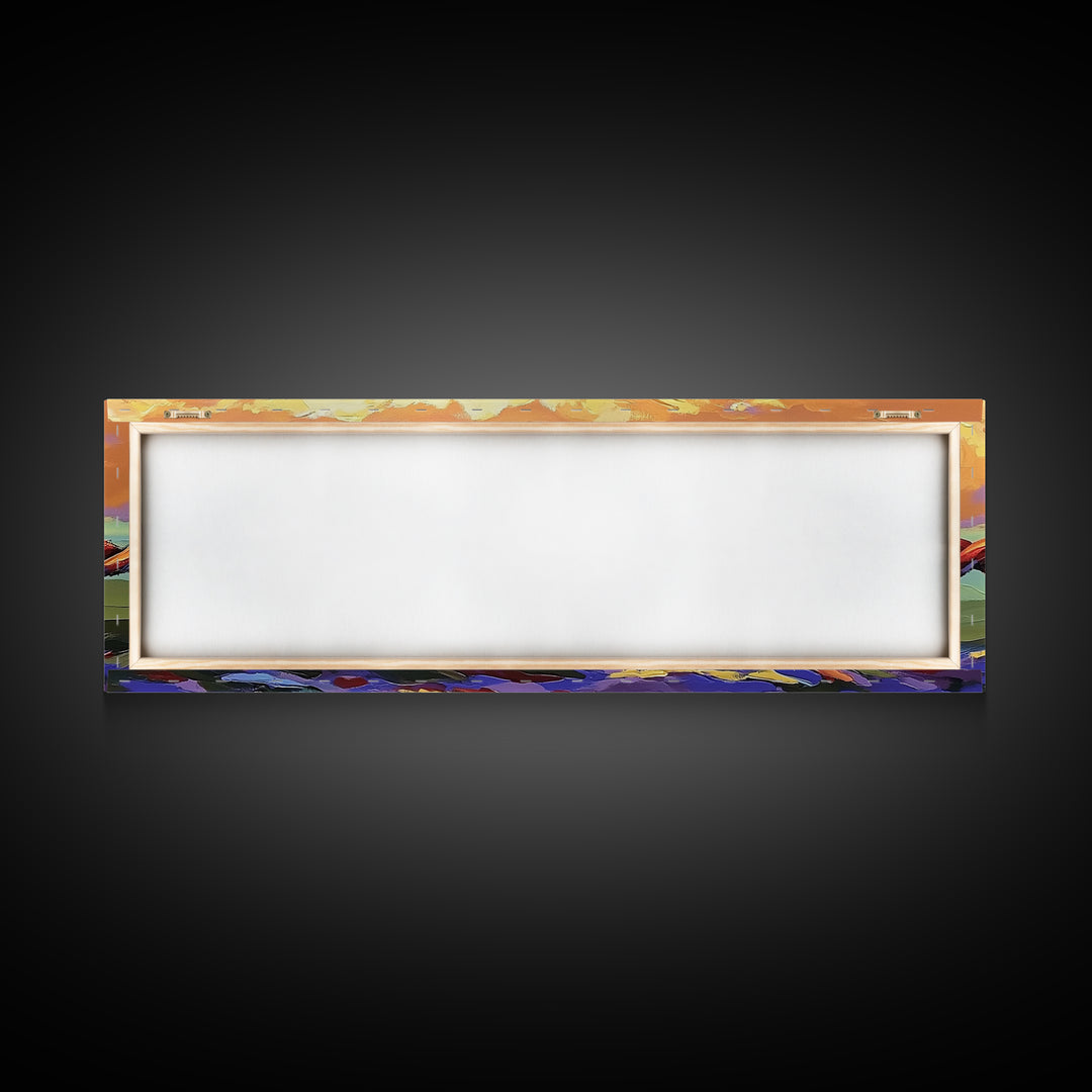 Barbed Wire Sunset, rustic wall art, southwest wall art, vibrant painting, western decor, long narrow wall art, framed canvas print