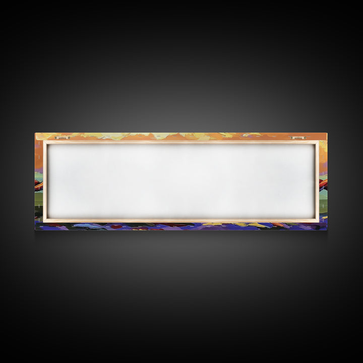 Barbed Wire Sunset, rustic wall art, southwest wall art, vibrant painting, western decor, long narrow wall art, framed canvas print