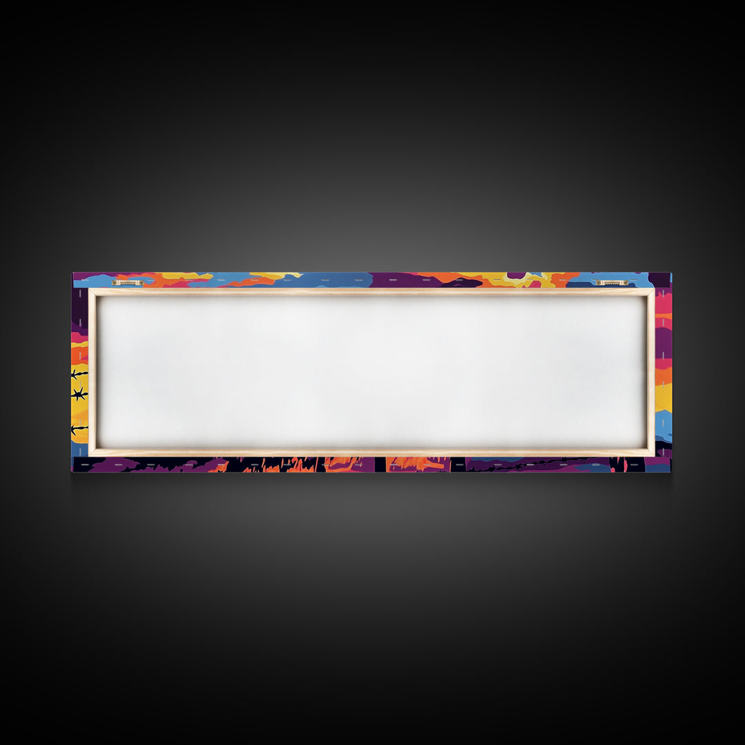 Barbed Wire Fence, southwest wall art, rustic decor, cowboy painting, panoramic art, long narrow wall art, framed canvas print, farmhouse art