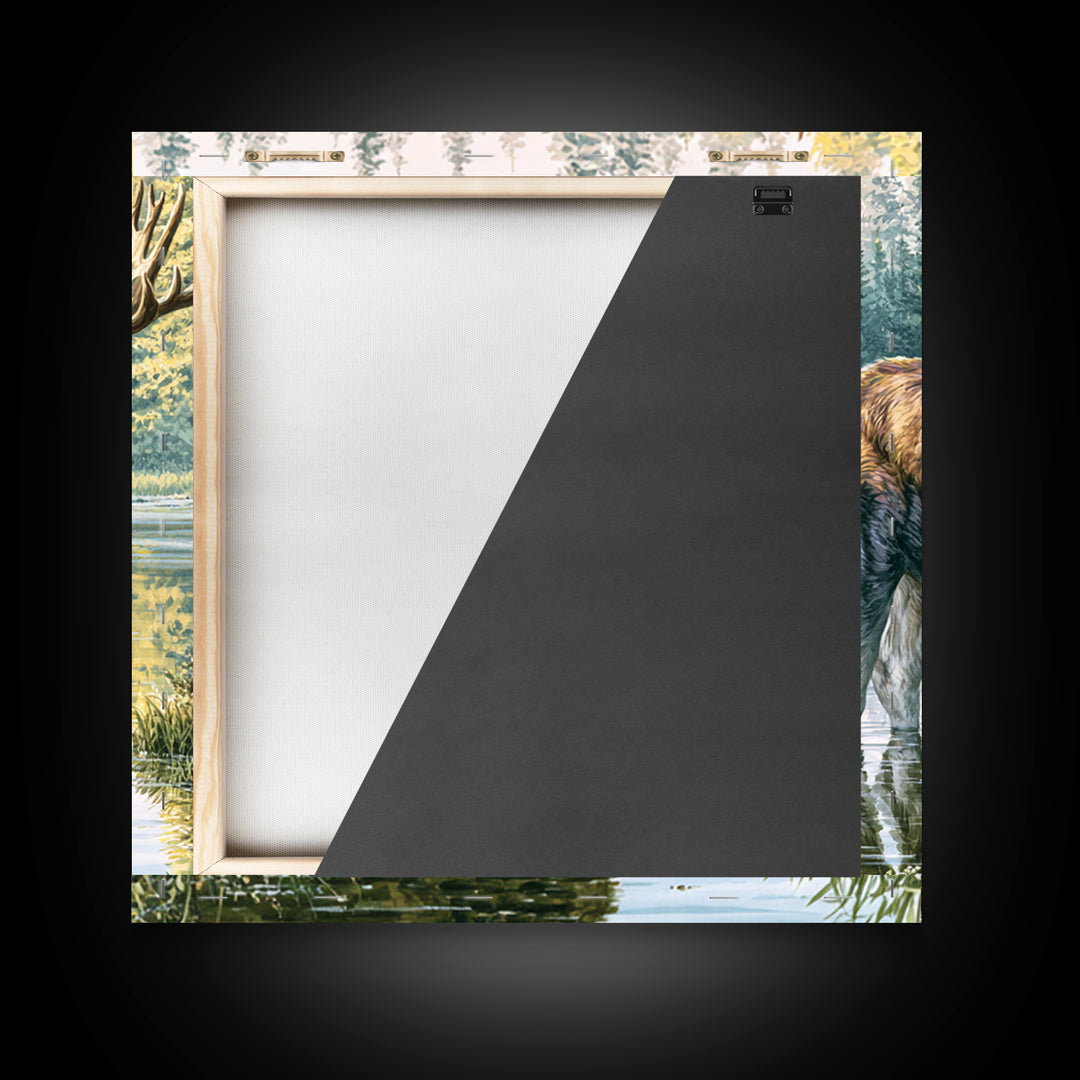 Moose Standing by a Quiet Lake Framed Canvas Print, Rustic Art, Fine Art Print, Farmhouse Decor, Fine Art, Rustic, Painting, RUS-1x1-57