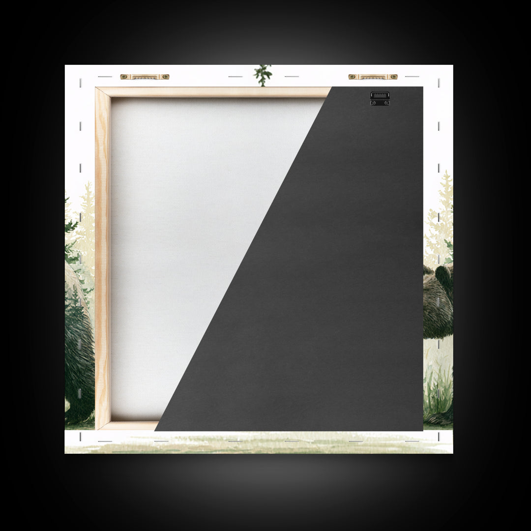 Bear Silhouette Among Pine Trees Framed Canvas Print, Rustic Art, Modern Decor, Farmhouse Decor, Oil Painting, Rustic, RUS-1x1-79