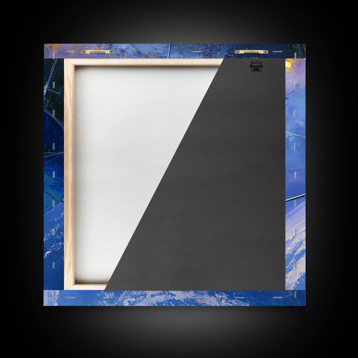 Satellite Orbiting Above Blue Planet Framed Canvas Print, Space Art, Retro Wall Art, Spa Decor, Abstract Art, Serenity, SAR-1x1-84