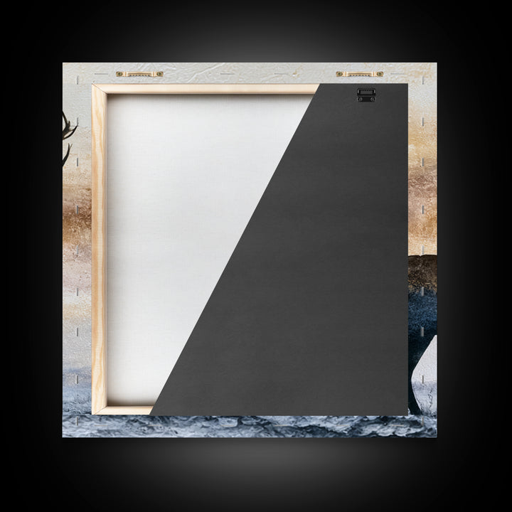 Reindeer Silhouette in Snowy Landscape Framed Canvas Print, Scandinavian Art, Abstract Painting, Living Room Decor, Nordic, SCA-1x1-6