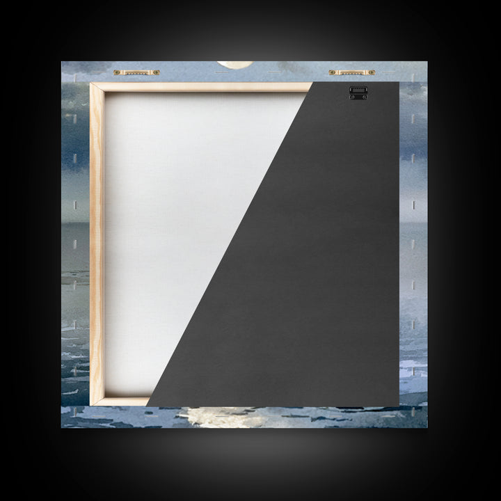 Moonlit Ocean with Silver Path of Light Framed Canvas Print, Seascape Art, Abstract Painting, Coastal Decor, Fine Art, Seascape, SEA-1x1-51