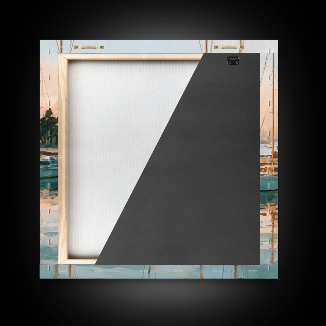 Mediterranean Harbor at Dawn Framed Canvas Print, Seascape Art, Living Room Wall Art, Coastal Decor, Fine Art, Seascape, SEA-1x1-70