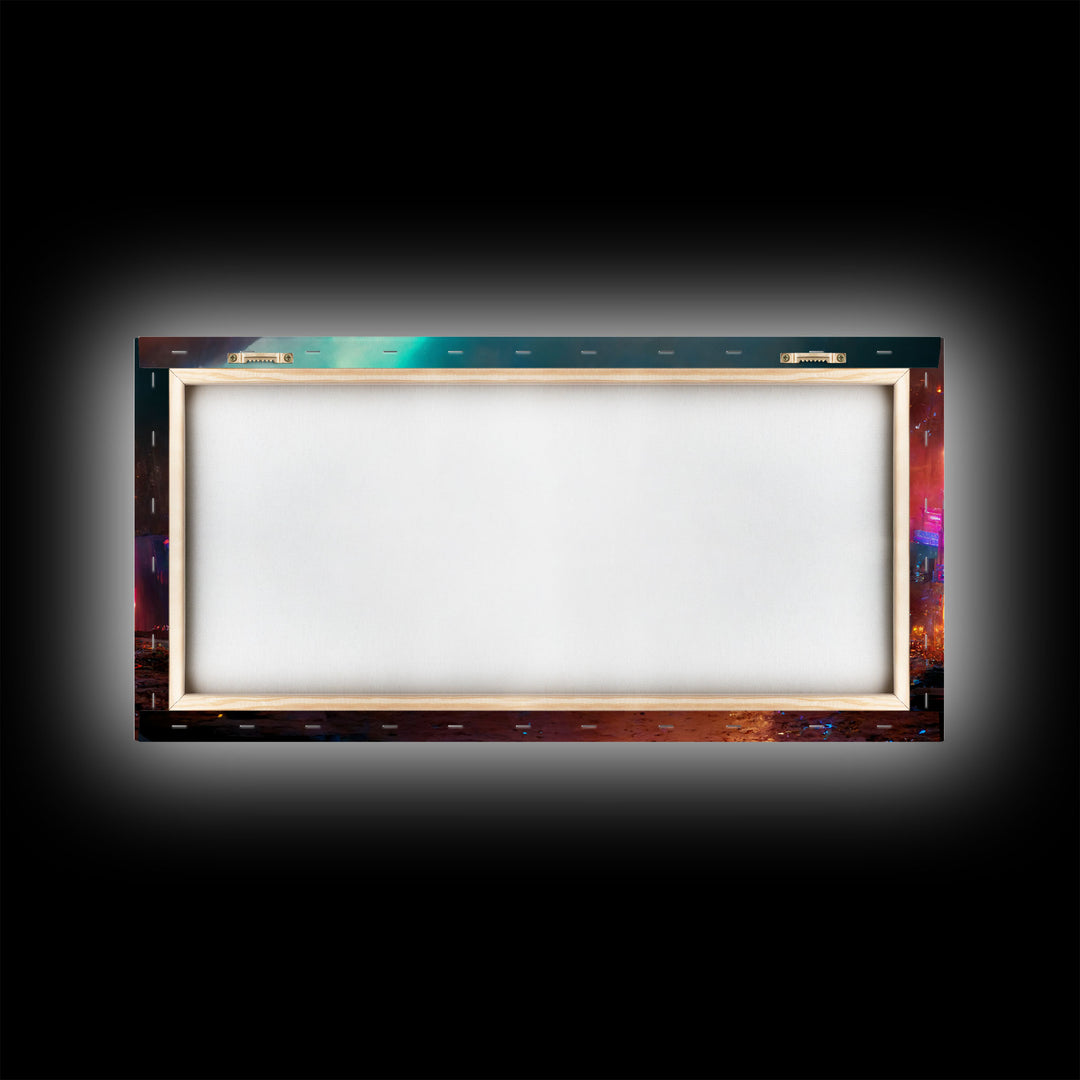 Destitute cyberpunk city with neon signs wall art, Bladerunner vibes art, synthwave style art, cool wall art