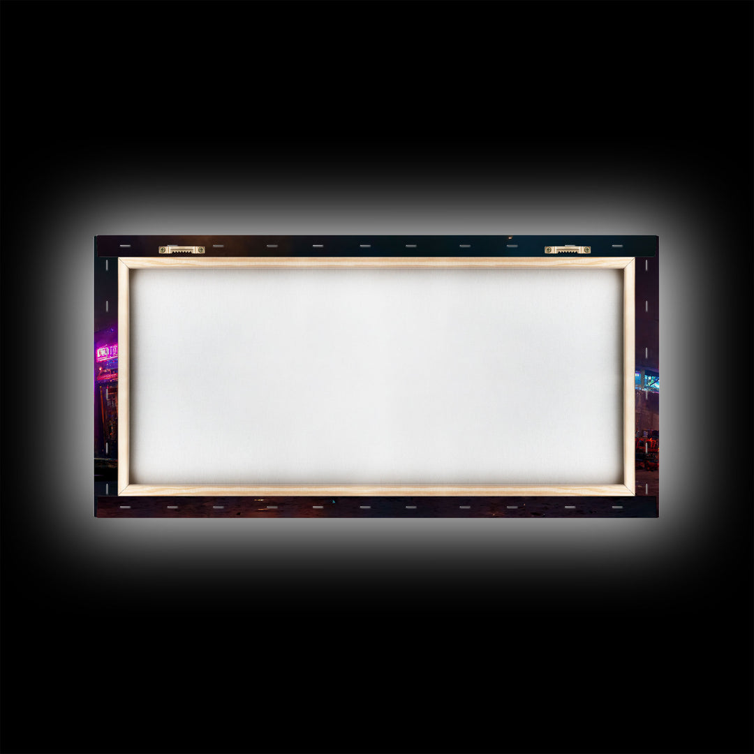 Destitute cyberpunk city with neon signs wall art, Bladerunner vibes art, synthwave style art, cool wall art