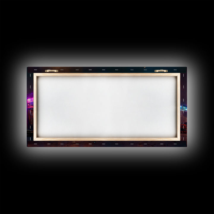 Destitute cyberpunk city with neon signs wall art, Bladerunner vibes art, synthwave style art, cool wall art