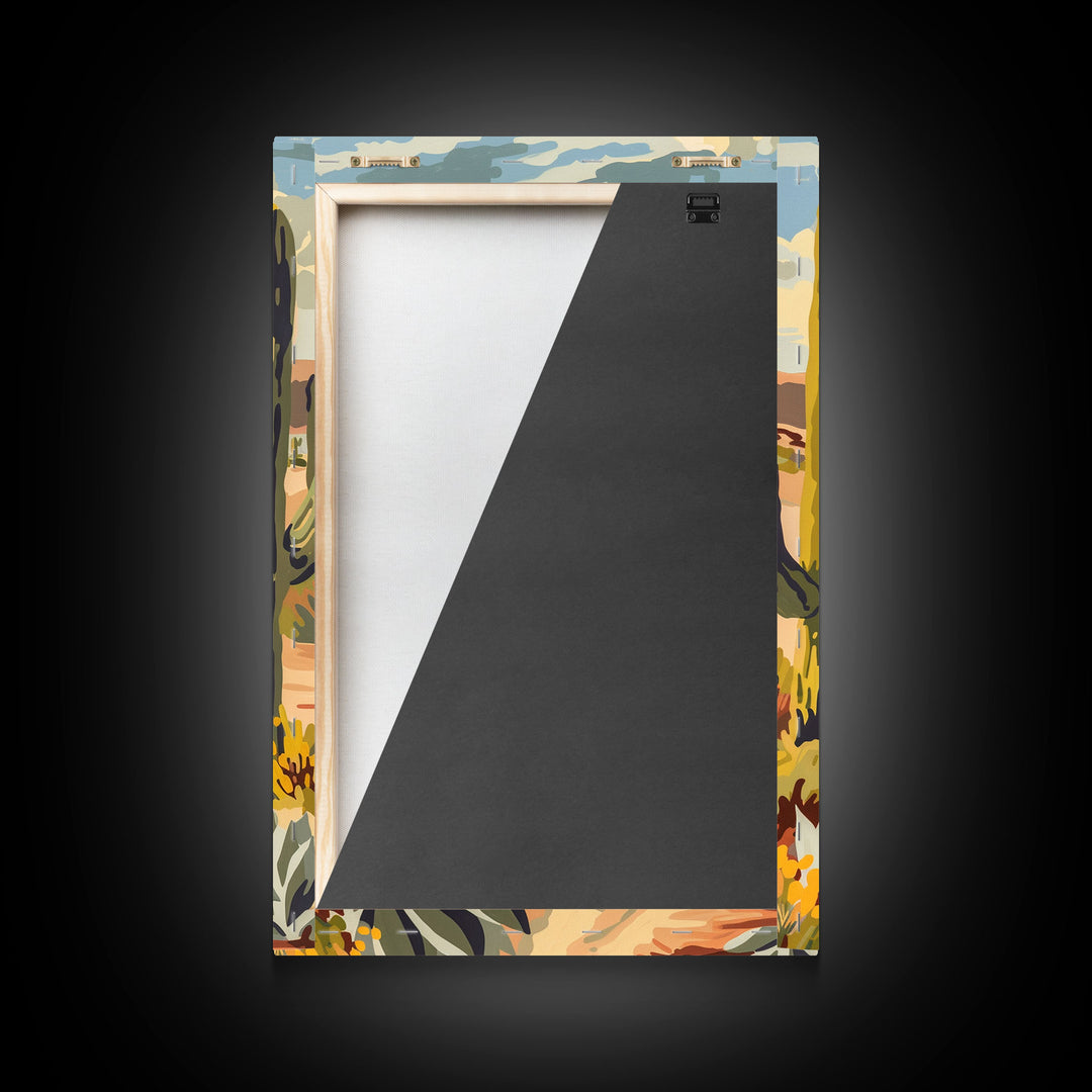 Cowboy Riding in Desert Landscape with Cacti - Framed Canvas Print, Western Art, Southwestern Decor, Desert Scene Wall Art for Home