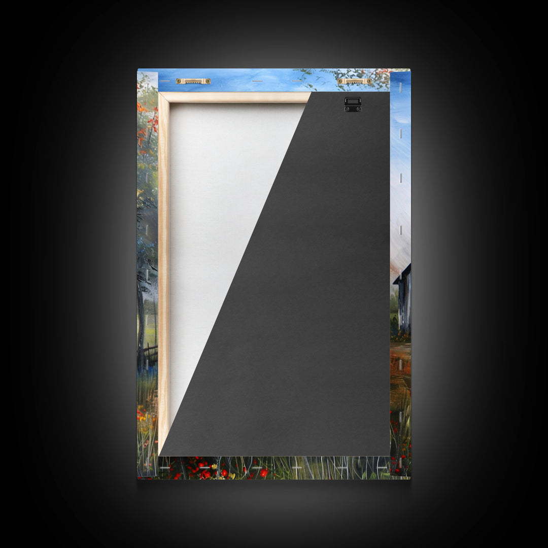 Idyllic Barn Scene with Rustic Charm - Framed Canvas Print, Country Living Room Decor, Farmhouse Wall Art, Barn Art Print for Bedroom