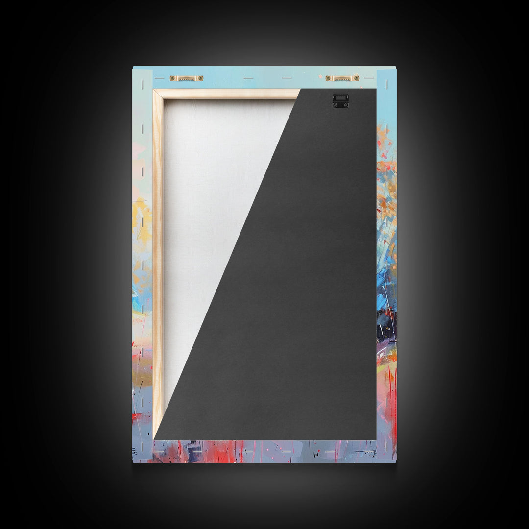 Charming Barn with Blue Roof in Pastel Colors - Framed Canvas Print, Rustic Farmhouse Decor, Country Art for Home, Living Room Wall Art