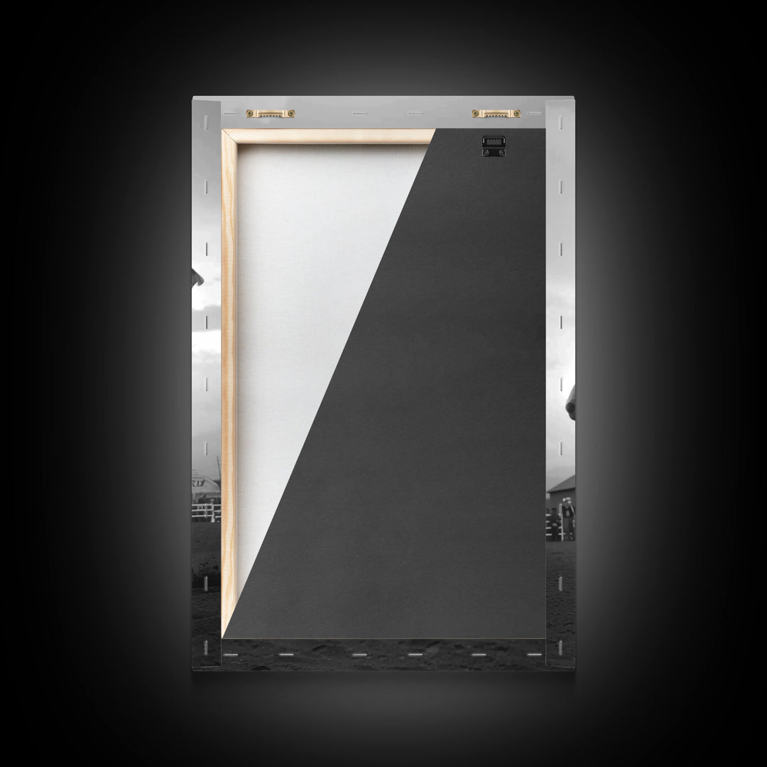 Cowgirl with American Flag Art Print, Western Rodeo Framed Canvas, Vintage Black and White Photography, Unique Home Decor