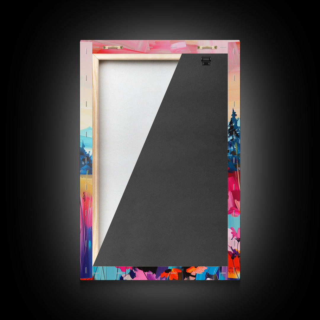 Serene Landscape with Wildflowers Framed Canvas Print - Pastel Sunset Wall Art, Tranquil Living Room Decor, Nature-Inspired Bedroom Art