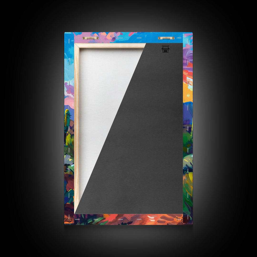 Framed Canvas Print, Cactus and Desert Path Wall Art, Vibrant Southwest Landscape for Living Room or Bedroom, Nature Art Poster Piece