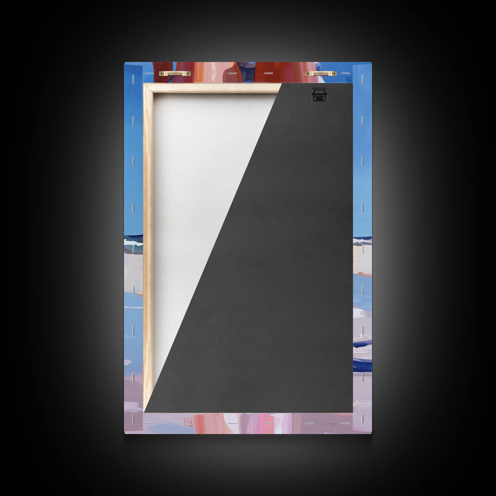 Woman wearing pink cowboy boots standing on the beach, vibrant pop art style Framed Canvas Print - beach fashion, coastal decor, summer art