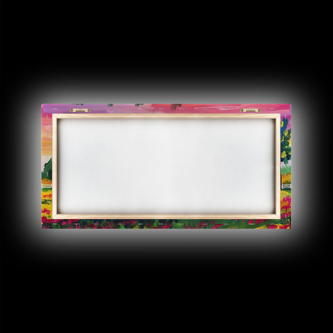 Vibrant Farmhouse Scene with Trees and Flowers, Perfect Living Room Art, Framed Canvas Print, Rustic Home Decoration, Minimalist Decor