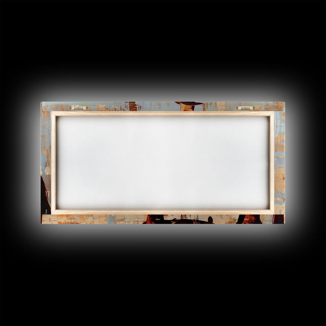 Cowboy on Horse with Rustic Background, Stunning Wall Art, Framed Canvas Print, Boho Bedroom Decor, Western Home Decoration