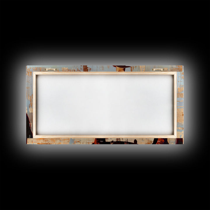 Cowboy on Horse with Rustic Background, Stunning Wall Art, Framed Canvas Print, Boho Bedroom Decor, Western Home Decoration