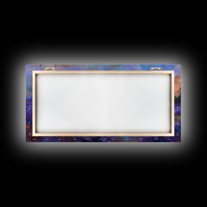 Sunset Over Lavender Field, Romantic Landscape Art, Framed Canvas Print, Cottagecore Decor, Purple Wall Art, Farmhouse Style