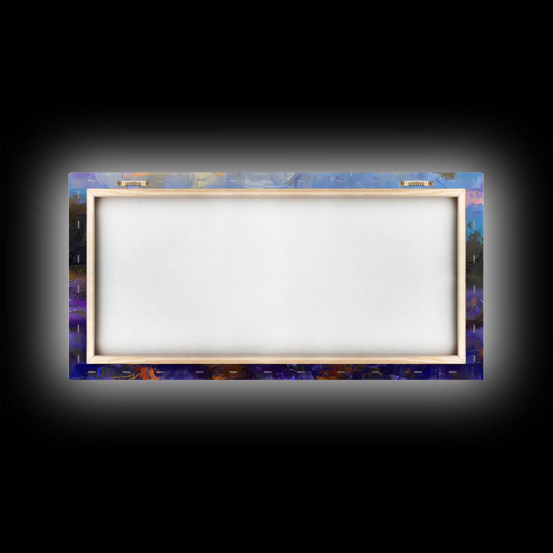 Lavender Field at Twilight, Dreamy Landscape Art, Framed Canvas Print, Boho Bedroom Decor, Purple Art, Rustic Wall Art