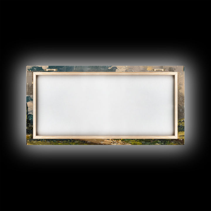 Rainy Day Over Cottage, Textured Landscape Art, Framed Canvas Print, Boho Decor, Farmhouse Style, Moody Wall Art