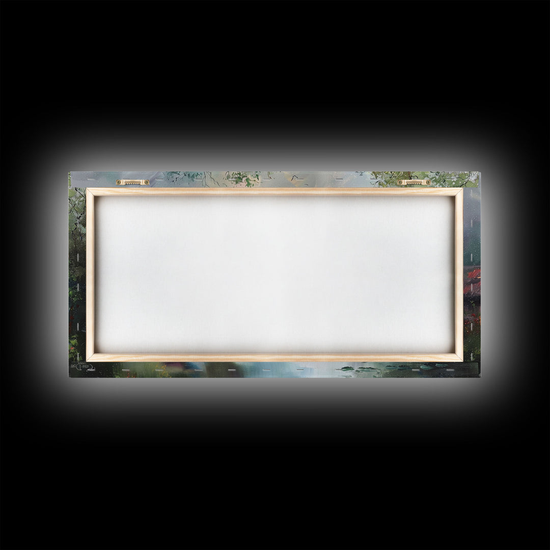 Serene River Cottage with Flowers, Framed Canvas Print, Farmhouse Style, Living Room Decor, Bedroom Art, Nature Scene