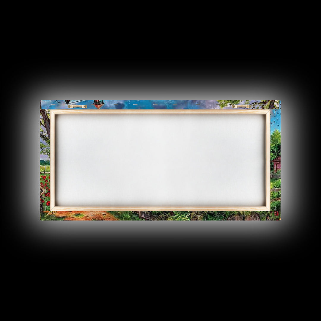 Rustic Barn with Green Tractor in Field, Stunning Country Art, Framed Canvas Print, Farmhouse Wall Decor, Living Room Decoration