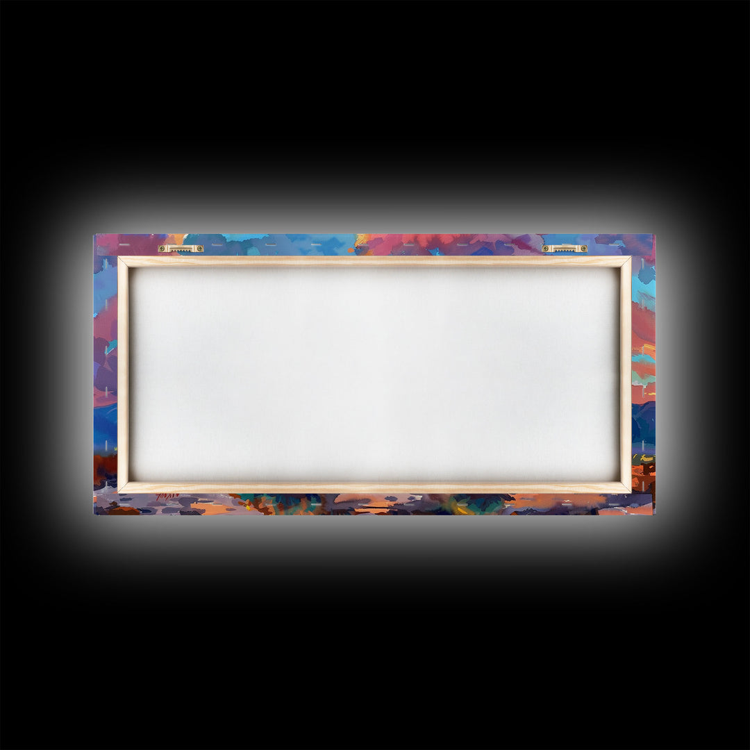 Road Through Desert at Sunset, Colorful Southwestern Art, Framed Canvas Print, Boho Wall Decor, Rustic Living Room Art, Desert Scene