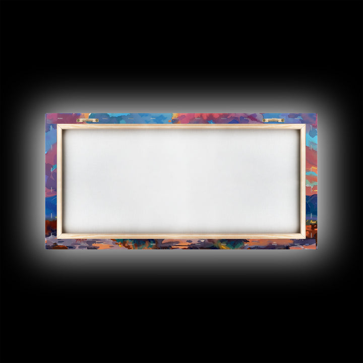 Road Through Desert at Sunset, Colorful Southwestern Art, Framed Canvas Print, Boho Wall Decor, Rustic Living Room Art, Desert Scene