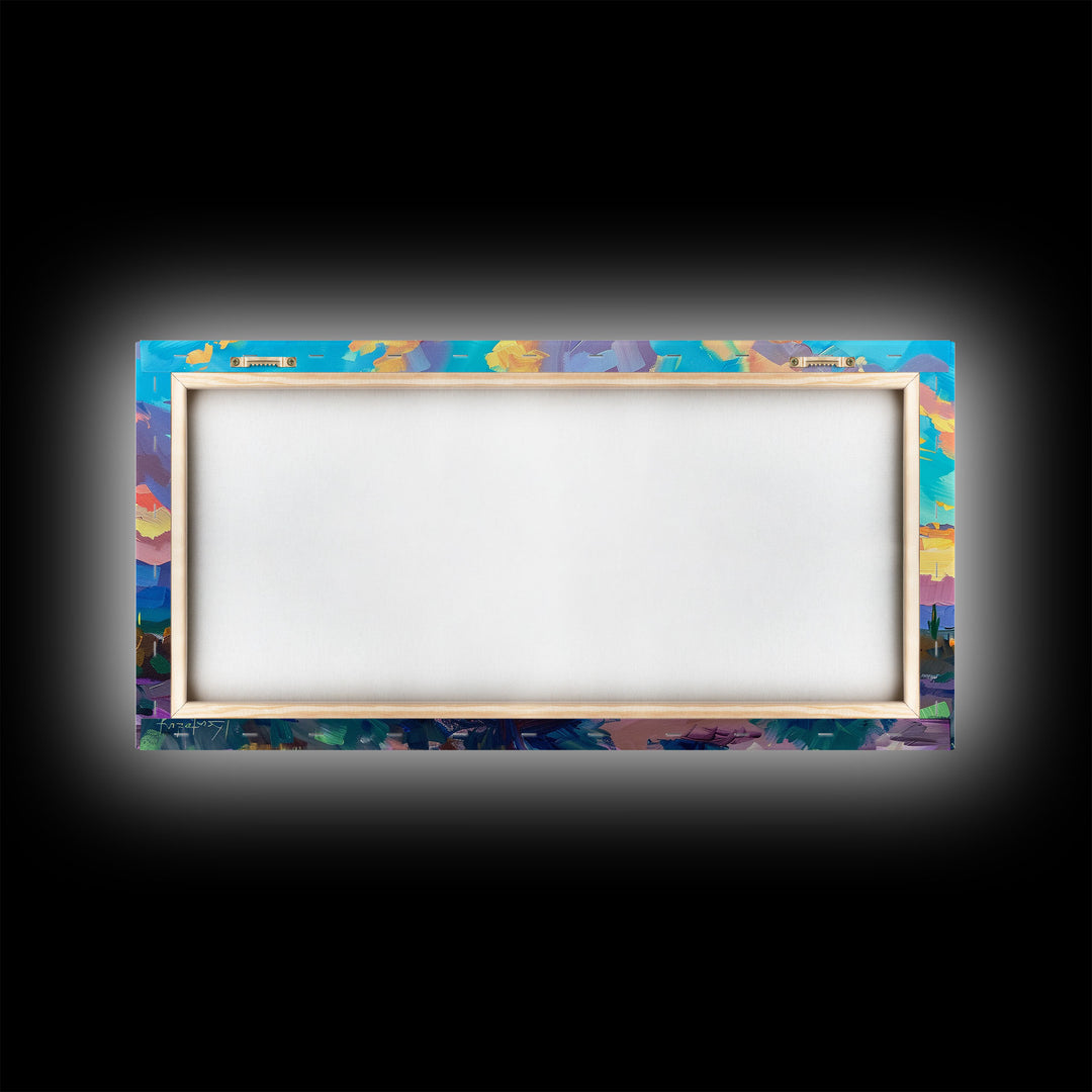 Expansive Desert Landscape at Sunset, Colorful Southwestern Art, Framed Canvas Print, Boho Living Room Wall Decor, Desert Scene