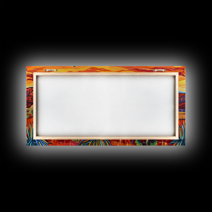 Colorful Desert Sunset with Saguaro Cacti, Framed Canvas Print for Living Room Art, Ideal for Southwestern and Boho Decor