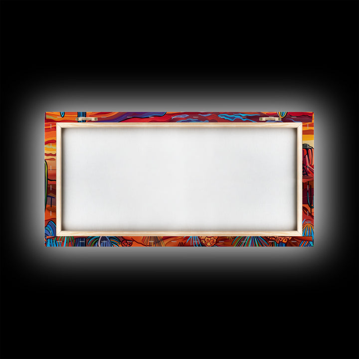 Colorful Desert Evening with Cacti and Mountains, Framed Canvas Print for Bedroom Art, Great for Boho and Southwestern Decor