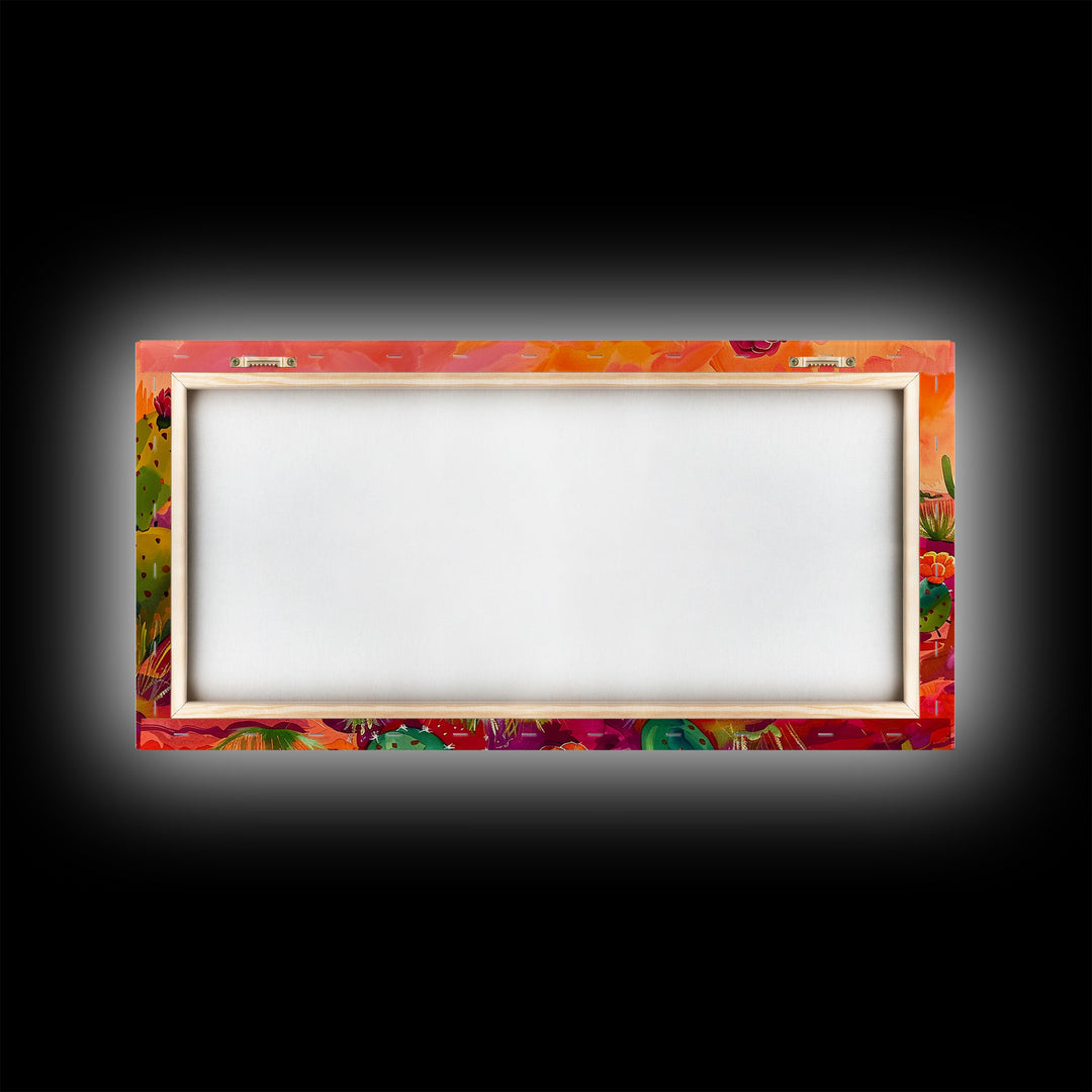 Bright Desert Flowers and Cacti with Mountains, Vibrant Framed Canvas Print for Home, Boho Wall Art, Nature Lover's Decor