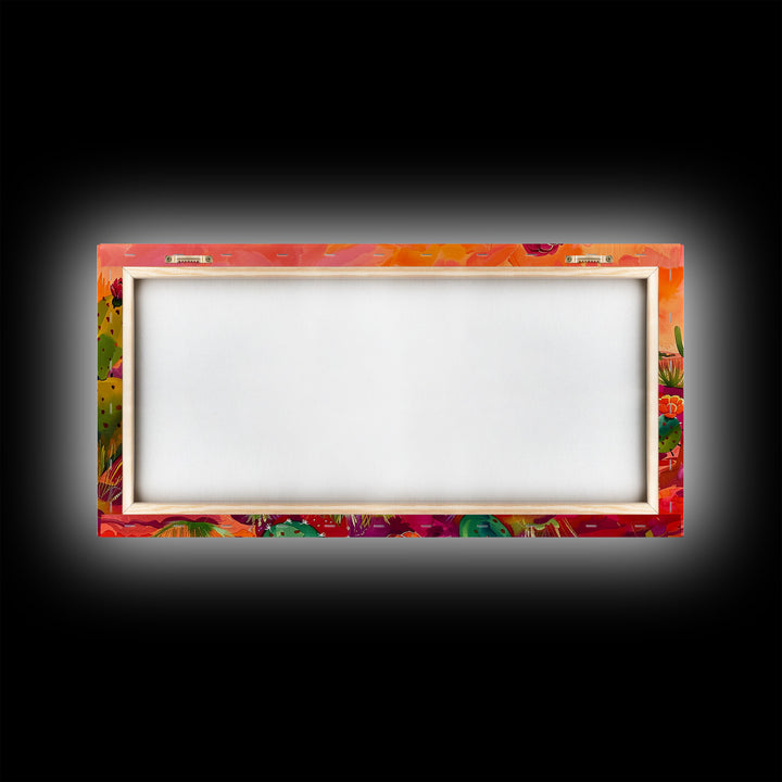 Bright Desert Flowers and Cacti with Mountains, Vibrant Framed Canvas Print for Home, Boho Wall Art, Nature Lover's Decor