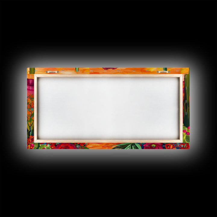 Colorful Desert Landscape with Cacti and Mountains, Stunning Framed Canvas Print for Living Room, Boho Wall Art, Nature Decor